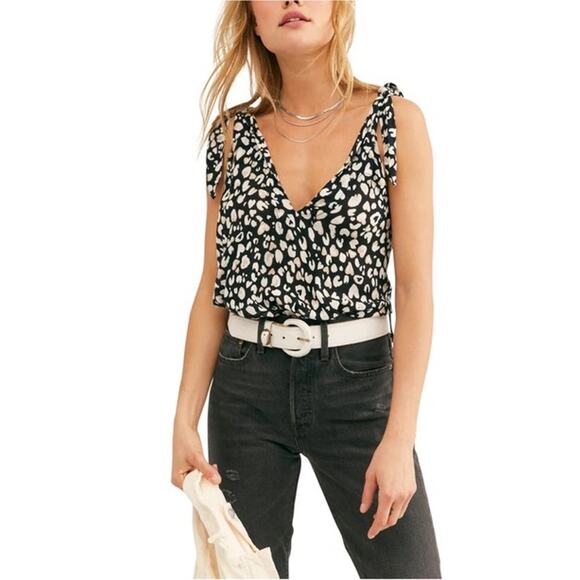 FREE PEOPLE  Bare It All Tank Bodysuit Black Animal Print Cowl Neck Size L NWT - Picture 1 of 10